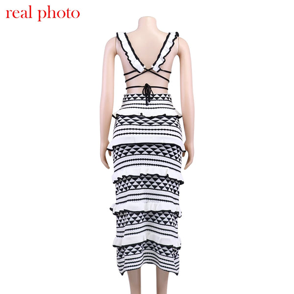 Aztec Ruffle Knit Maxi Skirt Set Two-piece