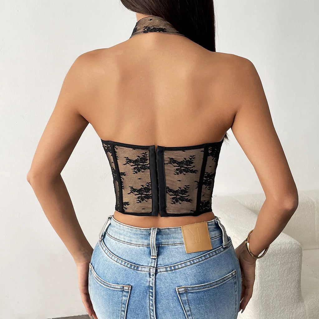 hirigin Women Halter Lace Corset Top Sexy Cut Out Backless Boned Mesh Bustier Y2K Going Out Street Date Night Club Party Tops