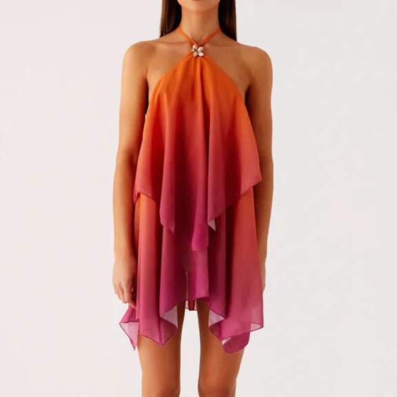 Lana Gradient Halter Tie-Up Ruffle Sleeveless Mini Dress