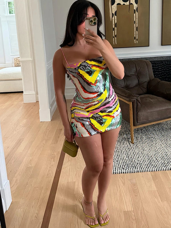 Raina Sequin Patchwork Sling Mini Dress