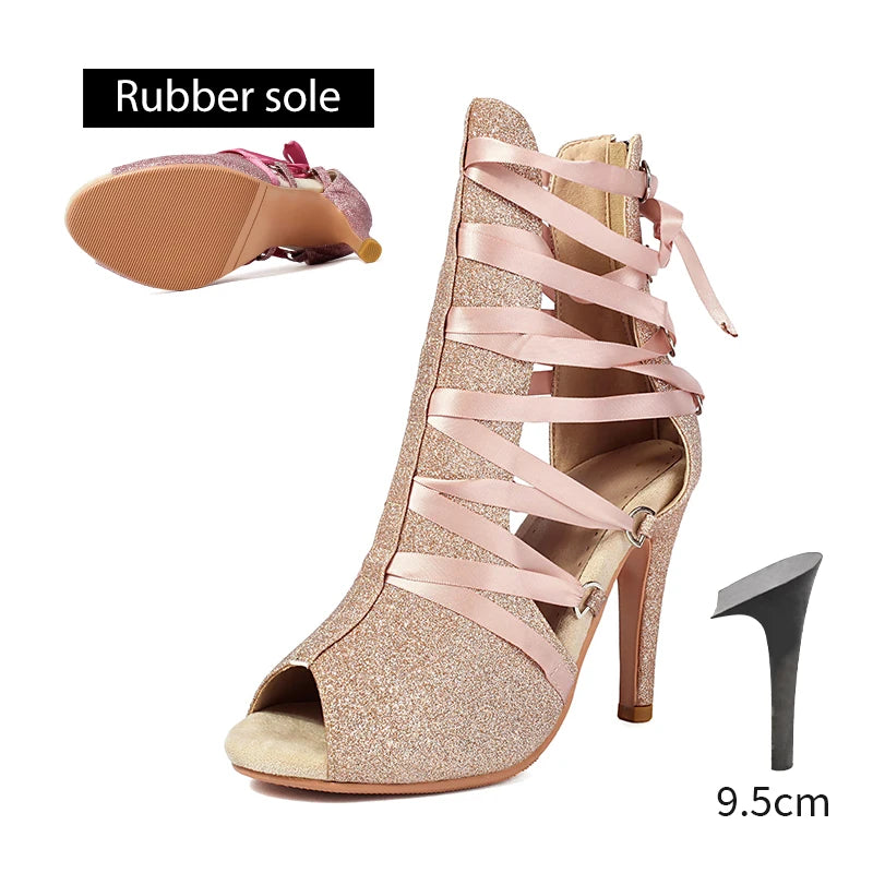 DKZSYIM Women Dance Boots Girls Ladies Jazz Dancing Shoes Thin Heels Glitter Shining Latin Indoor Party Dance Shoes Personalized