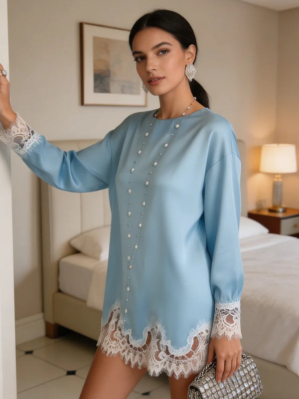 Amara Satin Lace Long-Sleeve Mini Dress