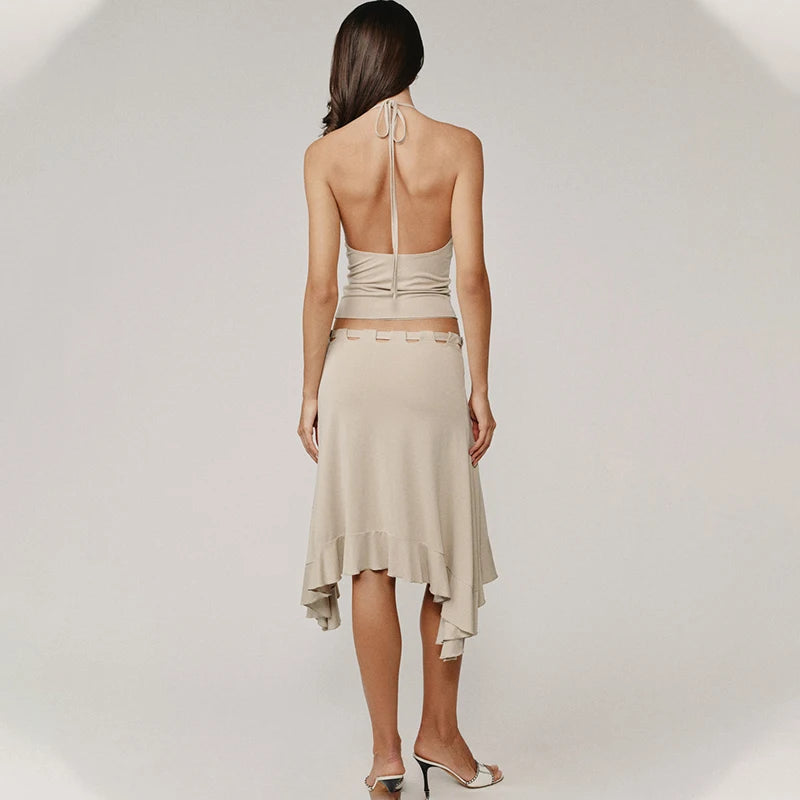 Brunella Tie-Waist Asymmetric Ruffle-Hem Midi Skirt One-piece