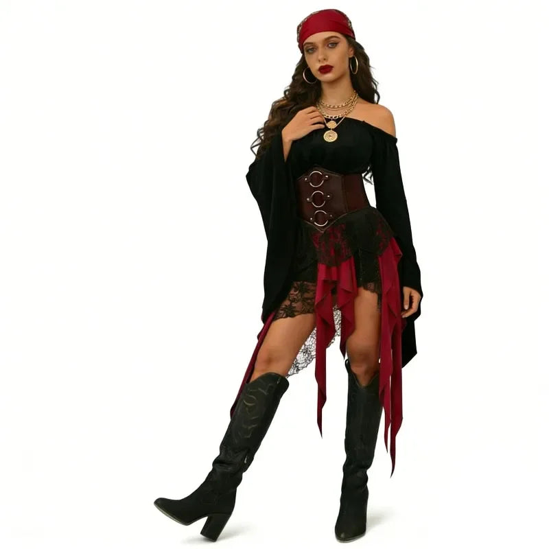 Isadora Pirate Costume Separates: Off-Shoulder Top, Tattered Skirt & Accessories