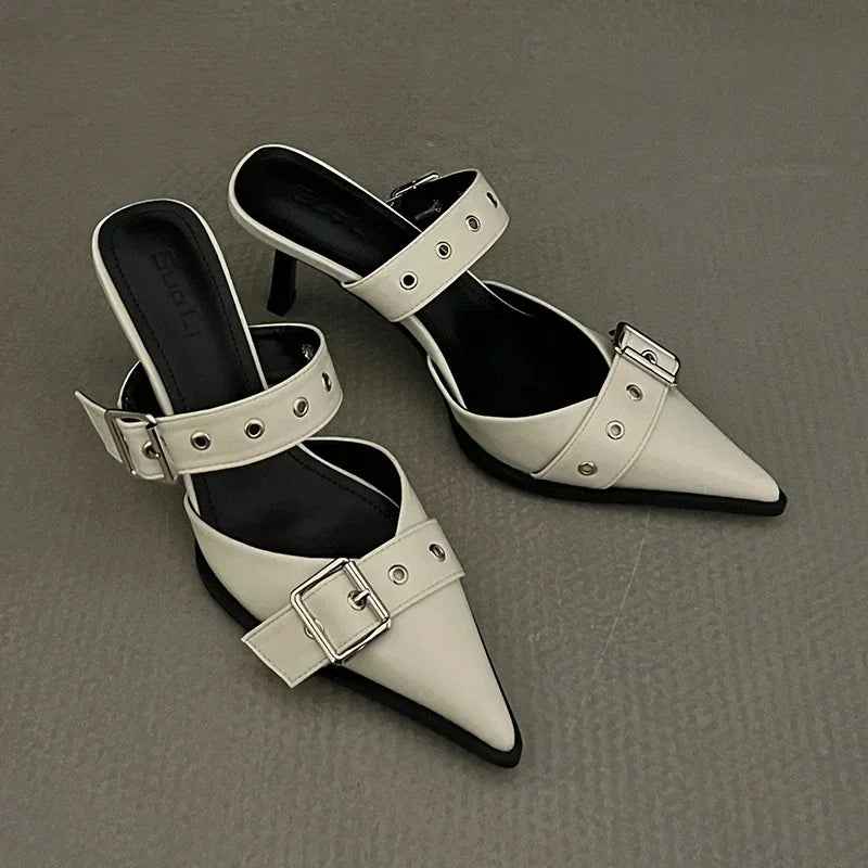 Veda Metal-Buckle Pointed-Toe Heels