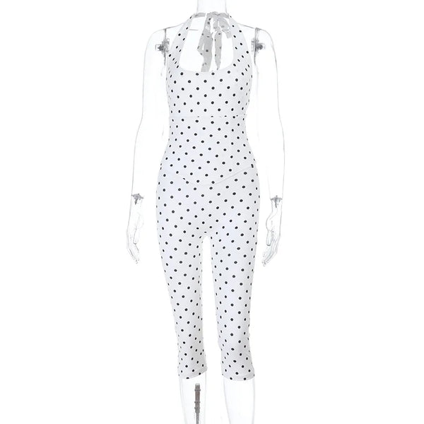 Black Polka Dot Halter Backless Cropped Jumpsuit Waist Corset Belt Back Lace Up Bodycon Slim Fit Casual Sexy 2026 Trend