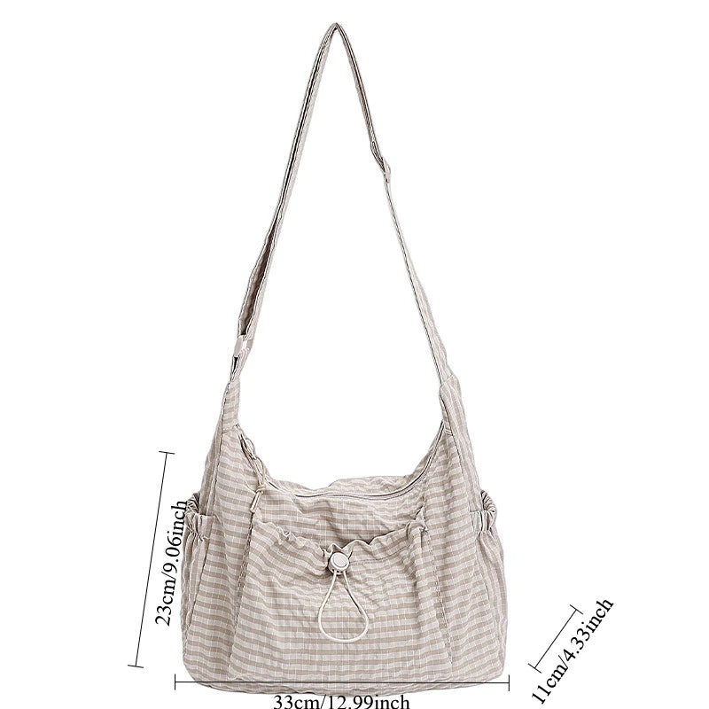 Korean Nylon Shoulder Bags Fashion Simple Plaid Zipper Tote Drawstring Pleated Cloud Bags New Commuter Crossbody Shoulder Bag