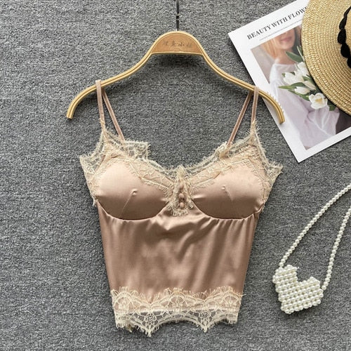 Women Satin Splicing Lace Camis Back Folds Tank Top Pink With Chest Pad Corset Backless Sleeveless Slim Bralette Sexy Crop Tops Secondary image