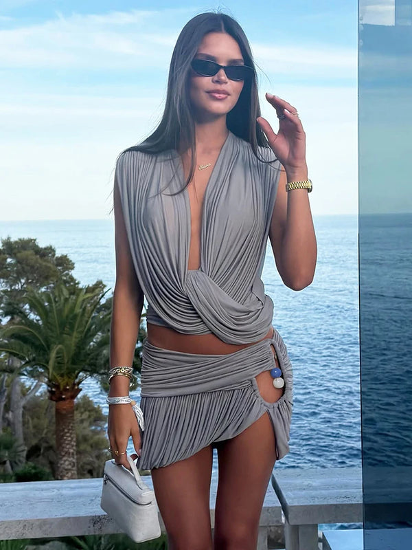 Kliou Ruched Elegant 2 Piece Set Woman Summer Trend Swing Collar Backless Tops+Beads Decoration Mini Skirts Fashion Streetwear