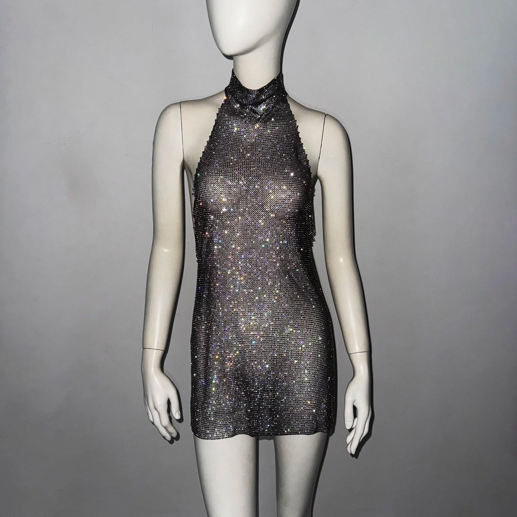 Faye Sparkling Metal Backless Mini Dress