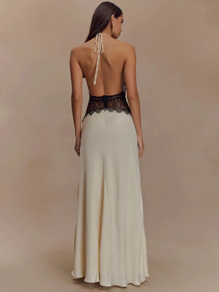 Calanthe Lace Halter Deep-V Maxi Dress