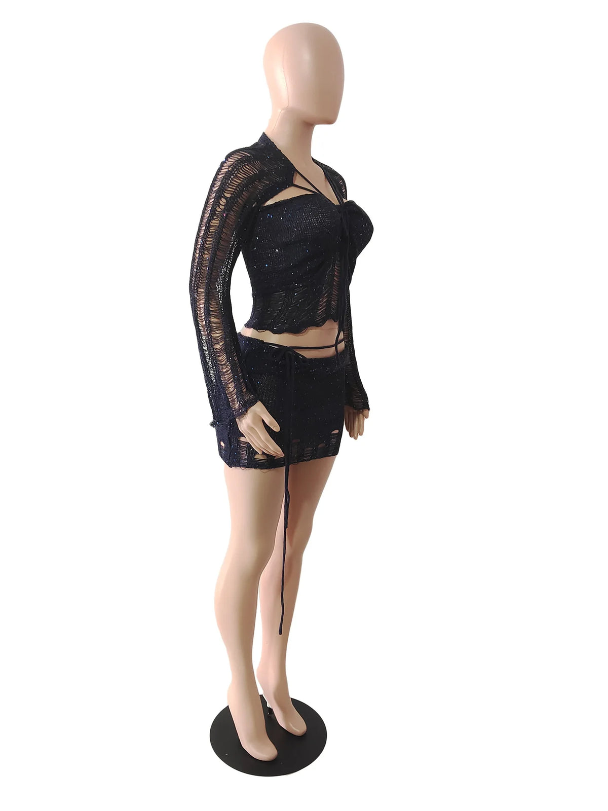 Marisela Sequin Crochet Knit Tie-Front Crop Top & Mini Skirt Two-piece