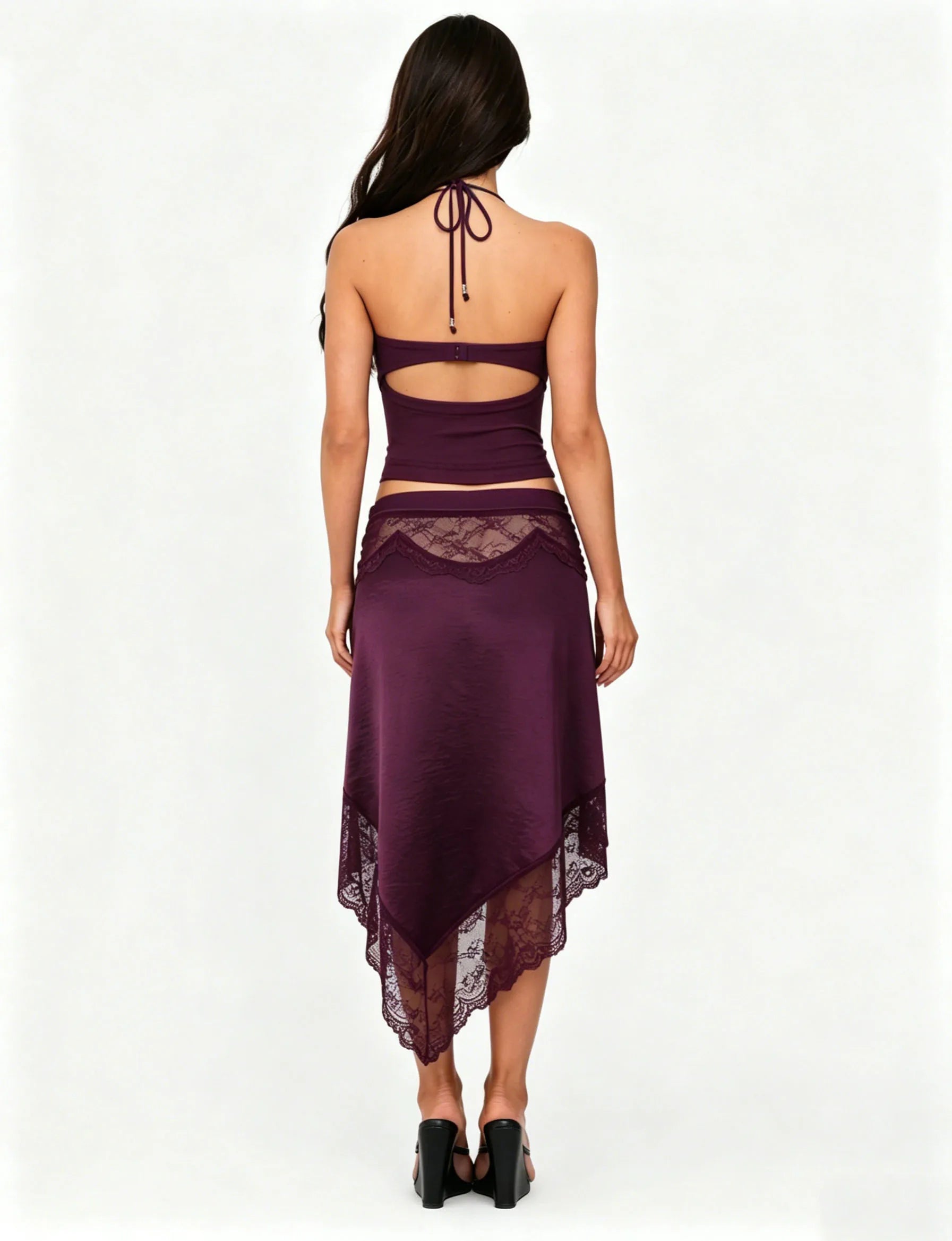 Violetta Lace Satin Asymmetrical Midi Skirt Set Two-piece