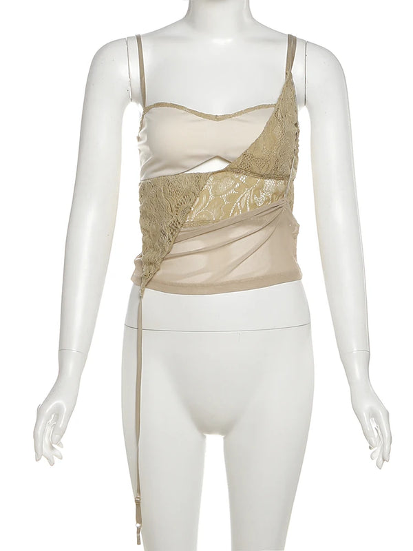 Camila Mocha Lace Spaghetti Strap Sheer Wrap Crop Top