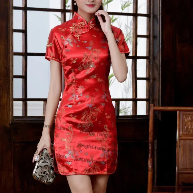 Meilin Multi-Style Dragon and Floral Qipao Mini Dress