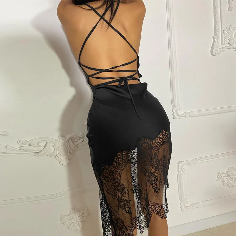 Cecelia Midnight Lace Asymmetry Sleeveless Midi Dress