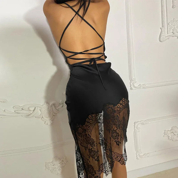 Cecelia Midnight Lace Asymmetry Sleeveless Midi Dress