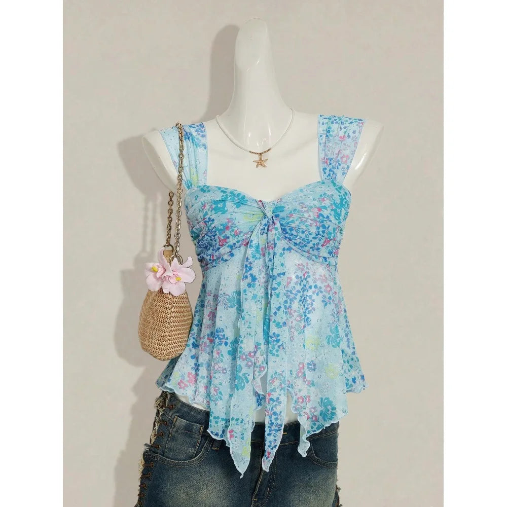 Poppy V-Neck Bow Sheer Camisole Crop Top One-piece
