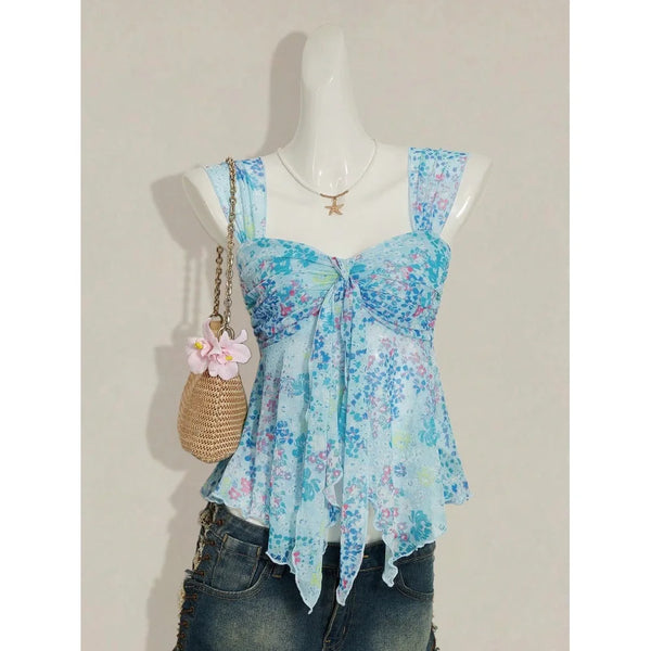 Poppy V-Neck Bow Sheer Camisole Crop Top One-piece