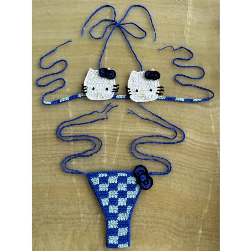 Cute Hello Kitty Ladys Sexy Swimsuit Crochet Bikinis Set Sanrio 2Pcs Womens Swimming Suit Micro Bikini Thongs Bathing Suit Beach