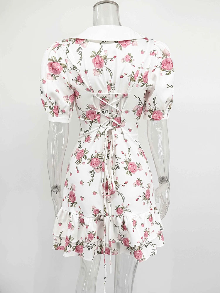 Gisella Floral Collared Puff-Sleeve Pearl-Button Ruffle Mini Dress