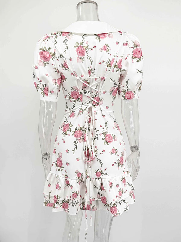 Gisella Floral Collared Puff-Sleeve Pearl-Button Ruffle Mini Dress