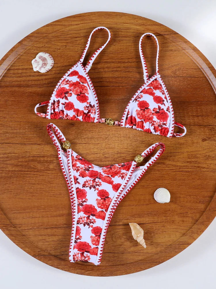 ZRTAK Sexy Red Floral Bikini Micro Thongs Bathing Suit Swimsuit Women Biquini Bandage Beachwear Swimwear 2 Piece Bikini Sets