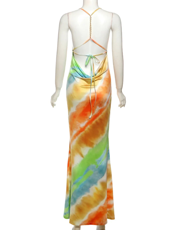Clothilde Tie-Dye Satin Cowl-Neck Chain-Strap Backless Maxi Dress