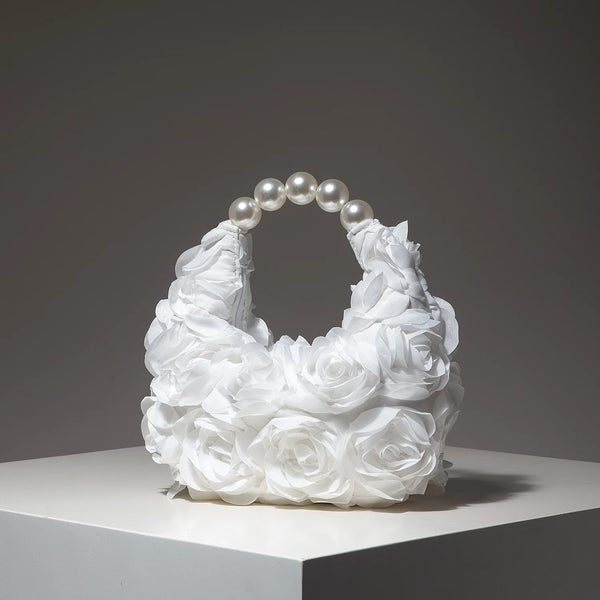 Rosalind Satin Rosette Pearl-Handle Half-Moon Evening Bag