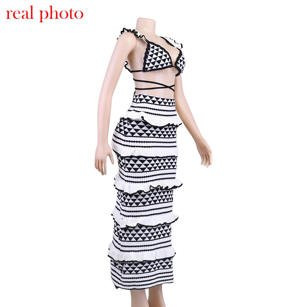 Aztec Ruffle Knit Maxi Skirt Set Two-piece