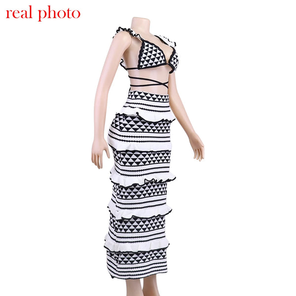 Aztec Ruffle Knit Maxi Skirt Set Two-piece