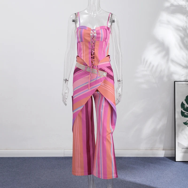Valentina Striped Lace-Up Tube Top & Wrap Wide-Leg Pants Two-piece