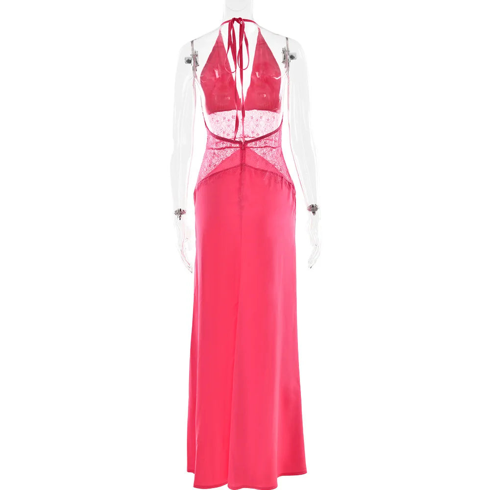 Pervinca Lace-Panel Satin Plunge Halter Backless Maxi Dress