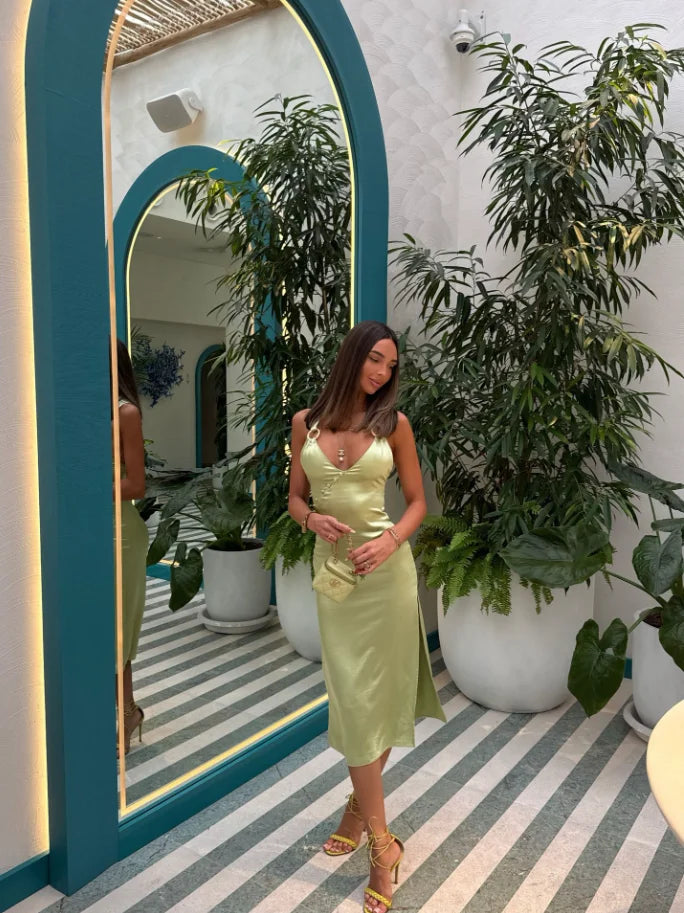 Liana Satin Deep-V Split Midi Dress