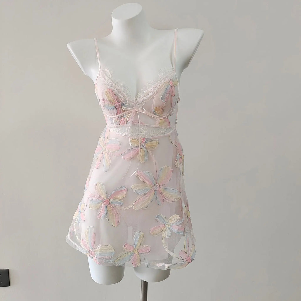 Ophira Lace-Trim Mesh Nightdress & Panty Lingerie Two-piece
