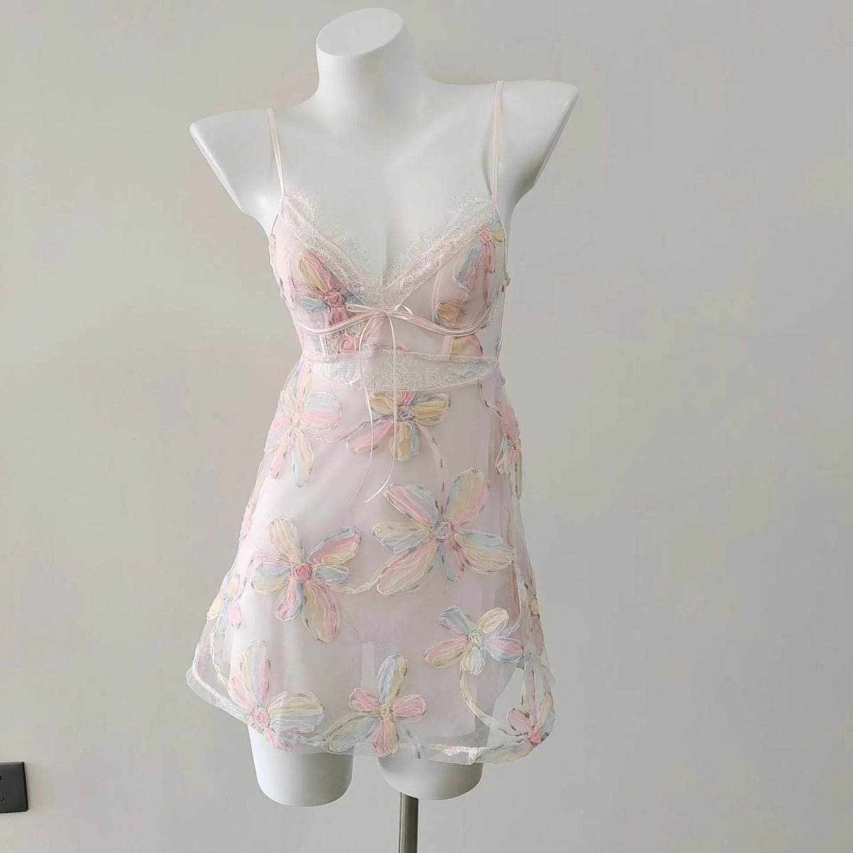 Ophira Lace-Trim Mesh Nightdress & Panty Lingerie Two-piece