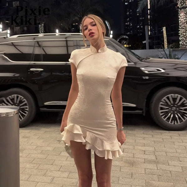 PixieKiki Chinese Style Jacquard Asymmetric Ruffle Mini Dress Elegant Vintage Cheongsam Summer Dresses for Woman P56-GD14