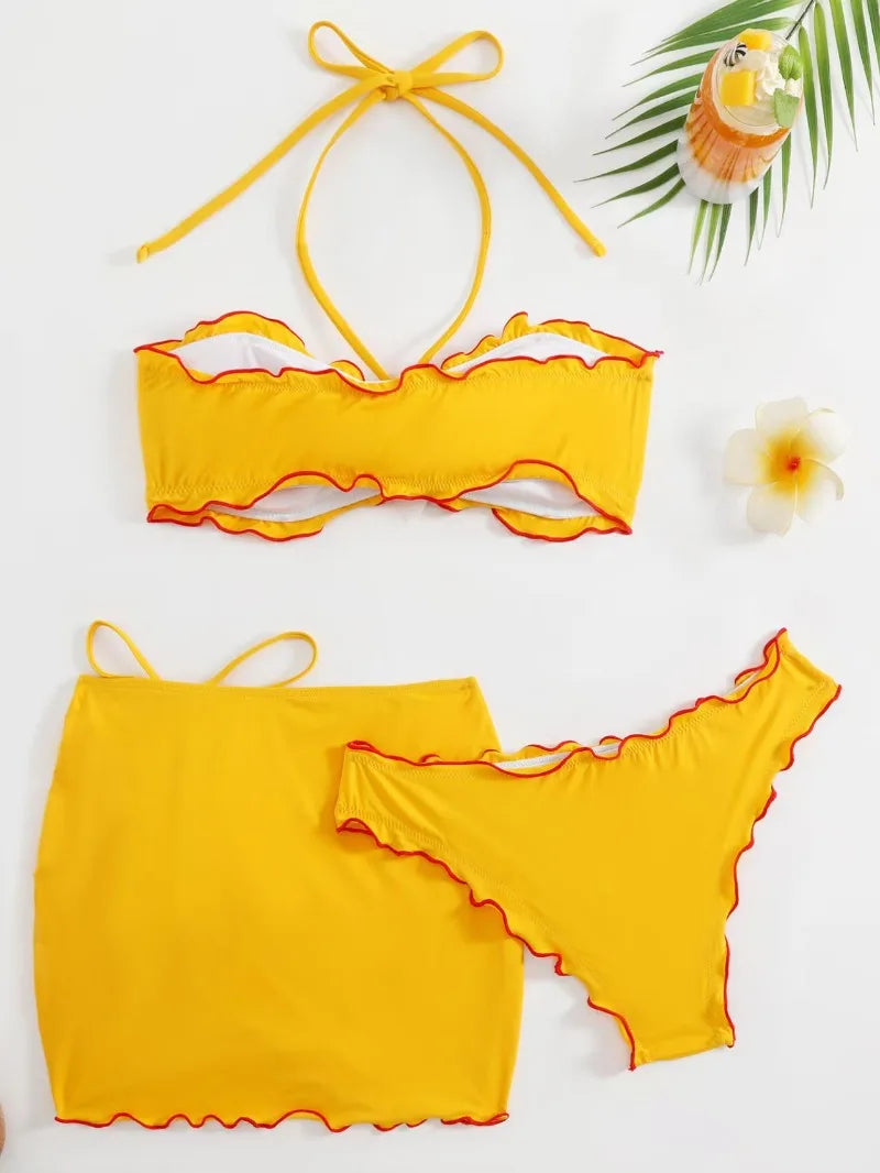 Temperance 3D Flower Halter Bikini & Skirt Three-piece