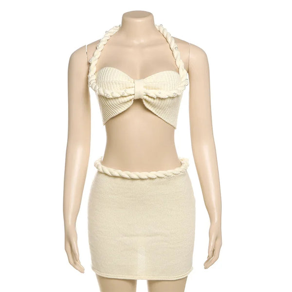 hirigin Pearls Twist Knitted Summer Beach 2 Piece Set Chic Women Strapless Halter Lace Backless Crop Tops + Bodycon Mini Skirts