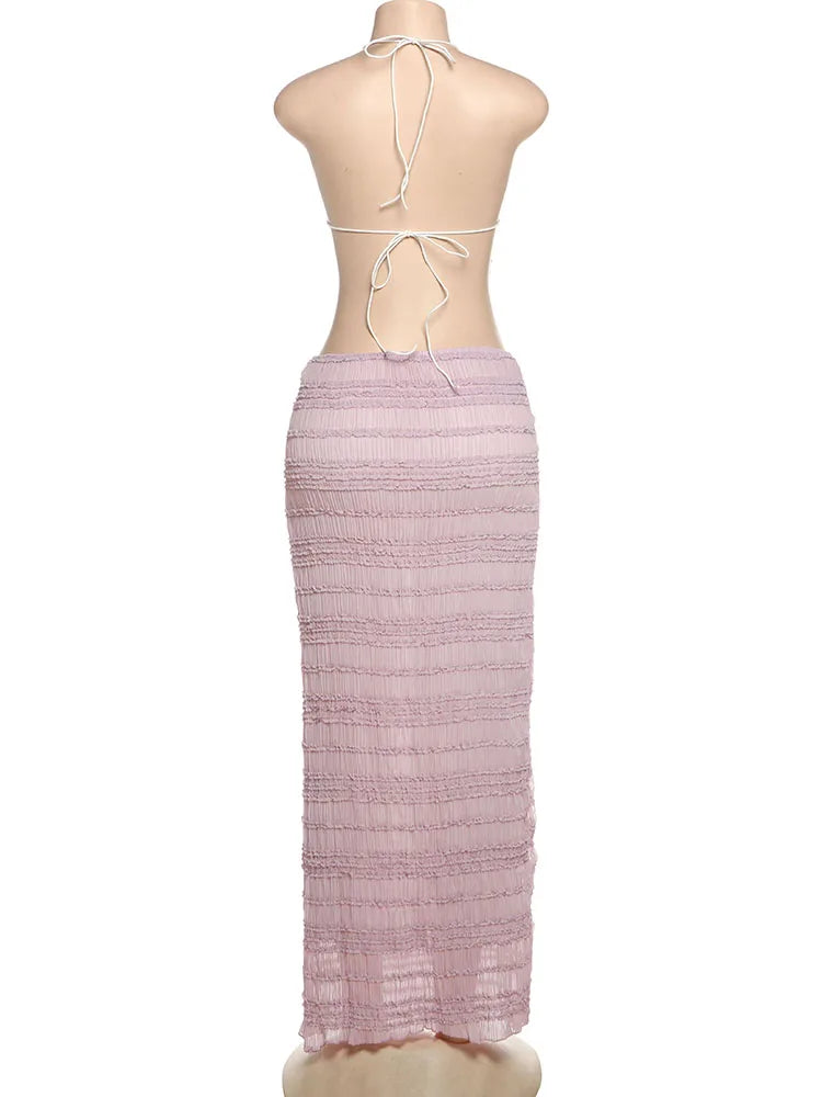 Oksana Sheer Crinkle Mesh Halter Lace-Up Crop Top & Maxi Skirt Two-piece
