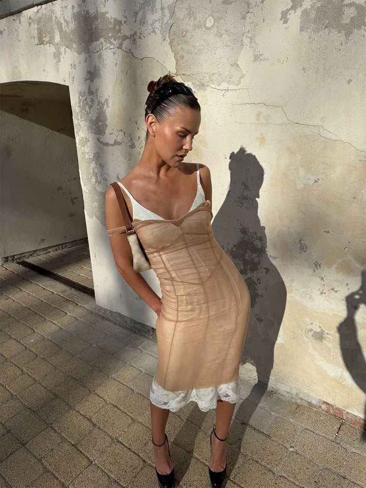 Serena Sheer Mesh Lace-Trim Midi Dress