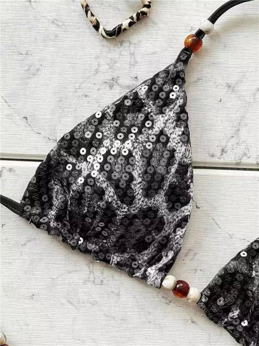Rhea Sequin Leopard Halter Bikini Two-piece