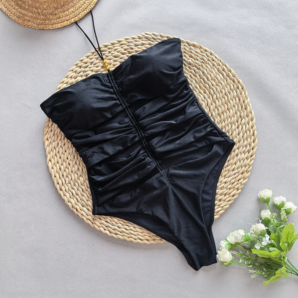 Philippina Black Bandeau 3D Flower Cutout One-Piece Swimsuit