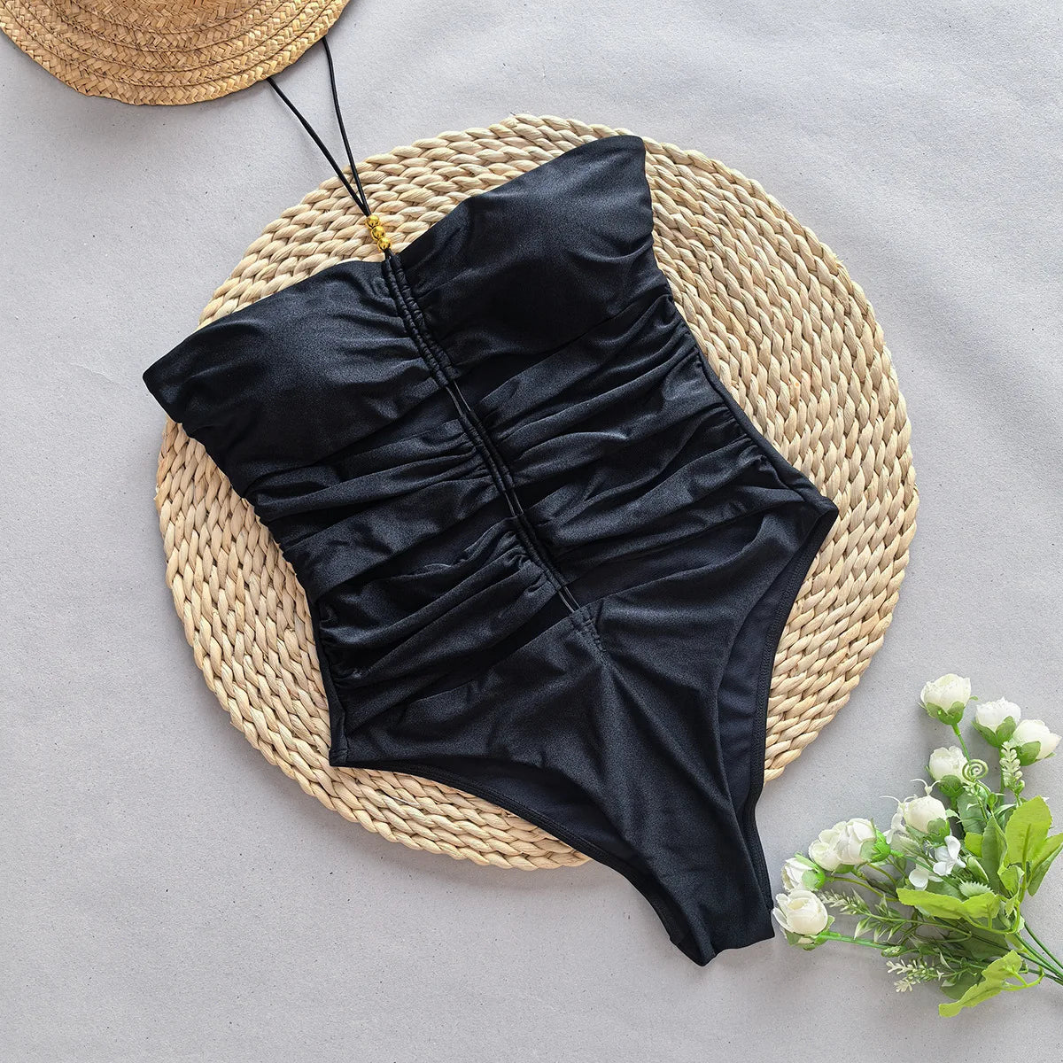 Philippina Black Bandeau 3D Flower Cutout One-Piece Swimsuit