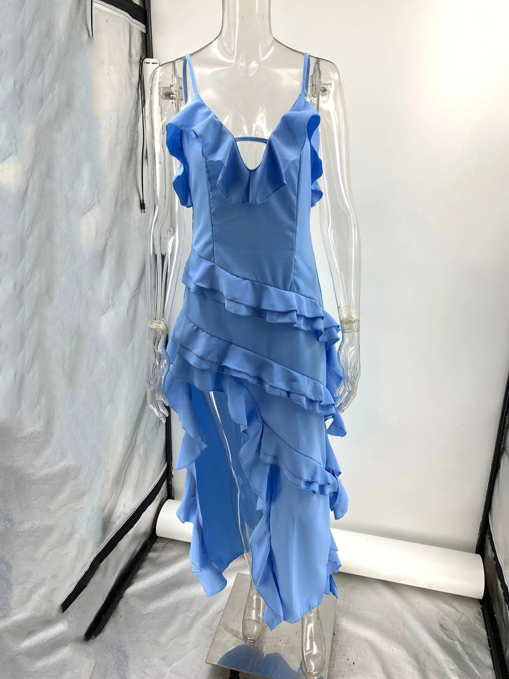 Skye Blue Ruffle Asymmetrical Midi Dress