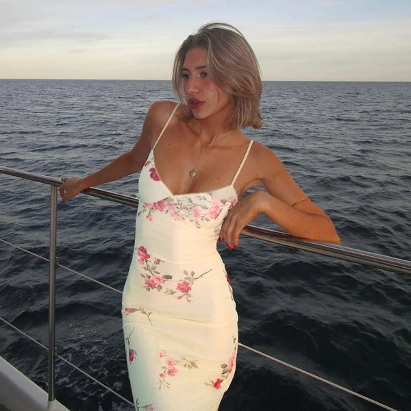 Adalgisa Floral Print V-Neck Cami Backless Bodycon Maxi Dress
