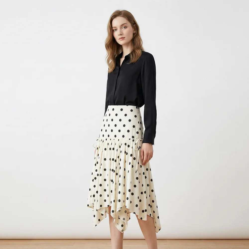 Women's Vintage Polka Dot Asymmetrical Hem Skirt White Black High Waist Drawstring Flowy Casual Midi Skirt Streetwear