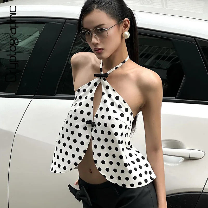 Carys Polka-Dot Tie-Front Halter Crop Top One-piece
