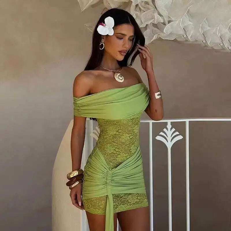 Valentina Off-Shoulder Lace-Patchwork Mini Dress
