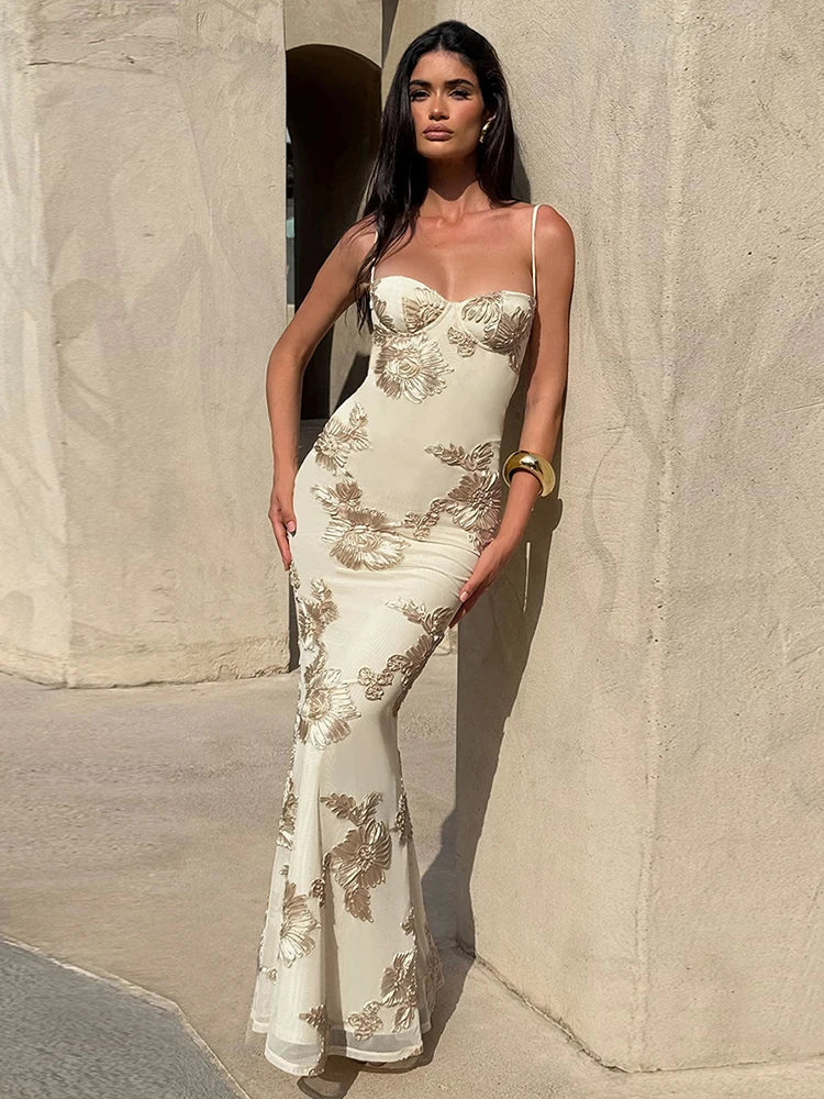 Isabella Spaghetti Strap Floral Embroidered Bodycon Maxi Dress